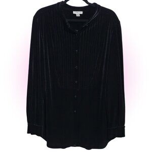 LUSH VELOUR BLACK VELVET BUTTON DOWN BLOUSE TOP EUC SIZE XL